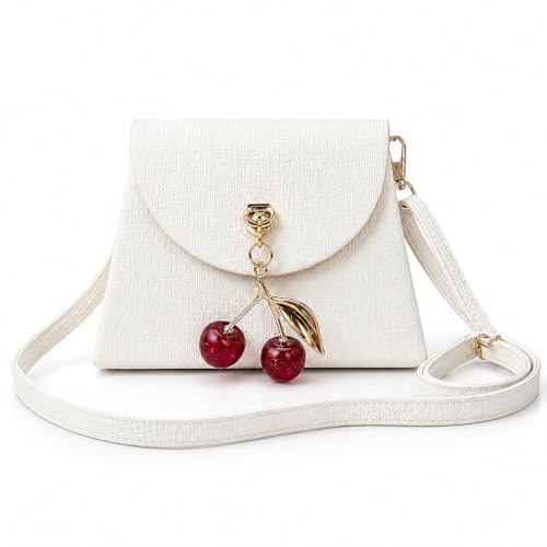 Image of KBR Mini Sling Bag for Girls, Cute Small PU Leather Crossbody Purse with Cherry Pendant Charm, Adjustable Strap, Magnetic Flap Closure, Kids Fashion Bag (Cream White)