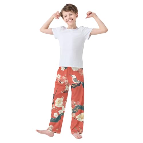 Plum Flowers and Bird Boys Long Pants Soft Trousers Elastic Waist Kids Lounge Bottoms with Pockets S-XL3