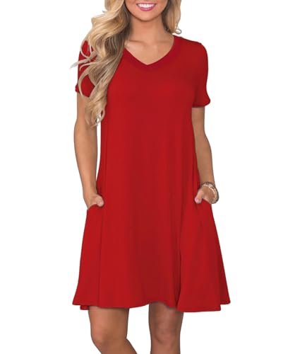Image of COSSEN Women's Casual T Shirt Dress V-Neck Short Sleeves Swing Dresses Birthday Party Summer Travel Beach with Pocket