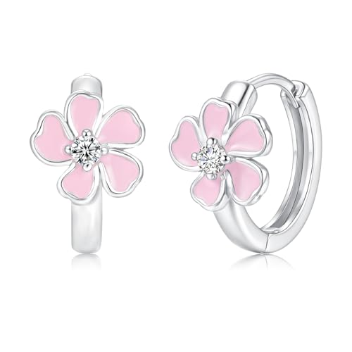Zecimi Silver Hoop Earrings, Pink Cherry Blossom Hoop Earrings for Women, 925 Sterling Silver Flower Hoop Ear Rings with Zirconia, 16mm Small Hypoallergenic Huggies Ear Rings, Jewelry for Ladies Girls