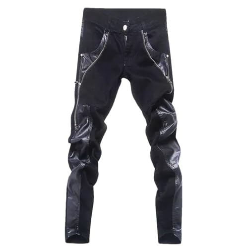 Men Slim Fit Pu Leather Patchwork Long Zipper Desgin Skinny Jeans Party Wear Pants