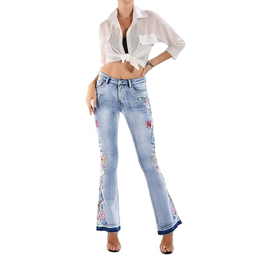 RICOCHO Jeans acampanados bordados para mujer de cintura alta con bordado floral, pantalones de mezclilla acampanados de moda, 1, M
