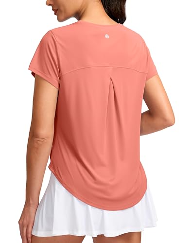 G Gradual coral pink crew-neck workout shirt with a cross-over pleated back — the outdoor-ready pick