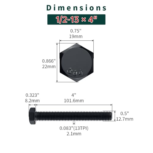 Image of 1 /2-13 x 4 Hex Bolts with Nuts and Washers (4 Sets), 18-8 (304) Stainless Steel, External Hex Drive, Black Oxide Coated Hexagon Head Bolts Screws, Fayeploo