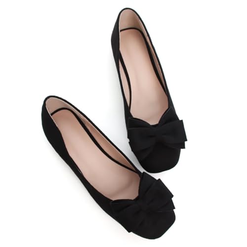 LUXINYU Women Mary Jane Shoes Bowknot Dressy Square Toe Suede Upper Slip on Ballet Flats Comfortable Moccasins Work Flats Daily Walking Shoes