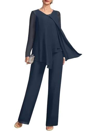 VK Selec Pants Suits 3pcs Chiffon Mother of The Bride Dressy Suits for Wedding Guest with Jacket