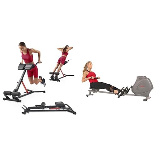 Sunny Health and Fitness Unisex's Station Hyperextension Roman Chair with Dip Station, Black + Foldable and Compact Magnetic Rowing Machine, 130 KG Max, LCD Display, Super Quiet