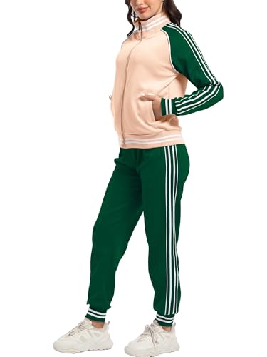 ANOTWENER Survêtement pour femme - Survêtement de sport rayé - 2 pièces - Avec poches - S-XXL, Vert/rose, M