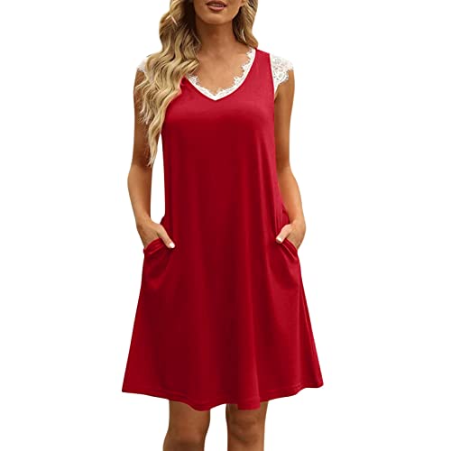 Cotton Maternity Dresses For Women Casual Summer Women Fashion V Neck Lace Stitching Dress For Women Casual Red #TOP5