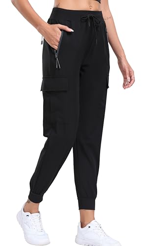 Oalka Women's Cargo Hiking Pants Lightweight Travel Pockets Joggers Quick Dry Black L