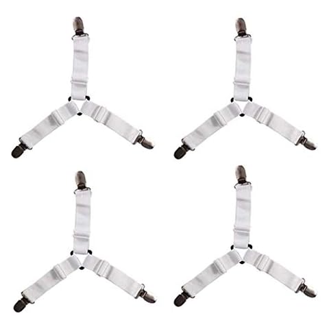 TopAufell Set of 4 Pcs Sheet Fasteners, Adjustable Elastic Bed Sheet Holder Straps 3 Way Triangle Bed Sheet Keeper Straps Clips for Mattress Cover Holder Sofa Cushion - White Cover