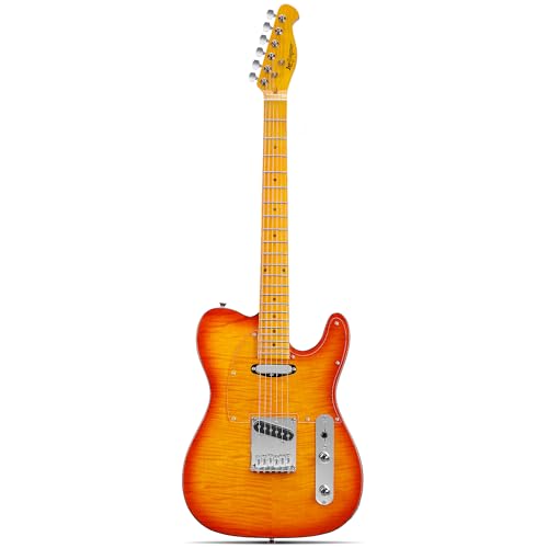 leo jaymz tl style electric guitar with flame maple top - high gloss mahogany body and hard maple neck - high transparent acrylic pickguard transparent honey burst
