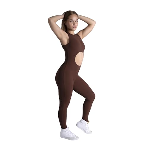 Brown Jumpsuit For Women Sexy One Piece Cutout Bodysuit Workout Pilates Yoga Outfit Full Body Stylish Activewear With Open Back (brown l)