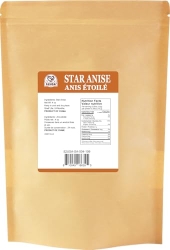 52USA Star Anise Whole, 4 Ounce (Pack of 1), NON-GMO Verified Chinese Star Anise Whole, Dried Star Anise Pods for Tea and baking
