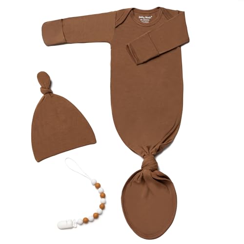 Image of Knotted Gown Baby Newborn Hospital Outfit, Modal Infant Sleeper Gowns with Pacifier Clip and Hat Set, Nightgowns 0-3 Months