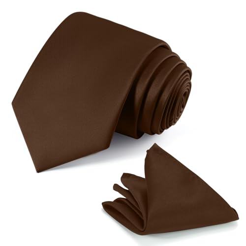 JUNMEISI Coffee Tie Set in Gift Box Mens Solid Color 3.15 (8CM) Truffle Brown Necktie and Pocket Square Set