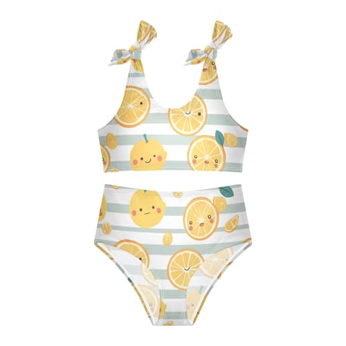 Cute Yellow Lemon Slices on Striped Girls' Two Piece Kids Bikini Set Quick-Dry Swimsuits Swimming Suits Adjustable Strap3