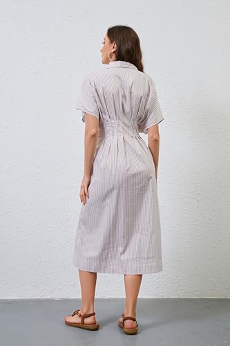 Image of Women Striped Button Down Shirt Maxi Dresses Summer Pleated Short Sleeve Collar Casual Corset Long Dress