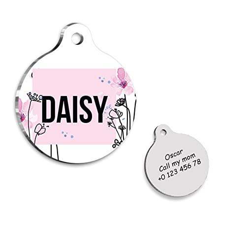 Pink Flowers Personalized Dog Tag - Custom Name Tag - ID Tag for Dog & Cat - Customized Pet Tags - Dog Name Tag - Cat Name Tag - Engraved Dog Tag
