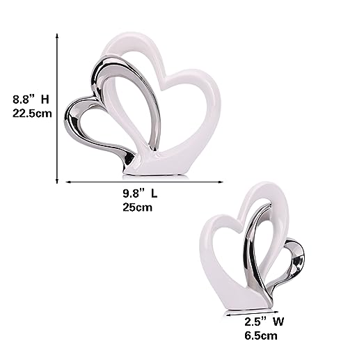 Estatua Dubble Heart de Cerámica Blanca y Plateada miniatura 2