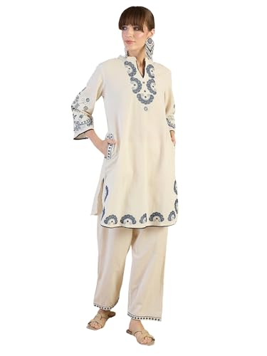 Image of INDO ERA Women's Pure Cotton Embroidered Straight Kurta & Palazzo Set | cotton kurta sets for women