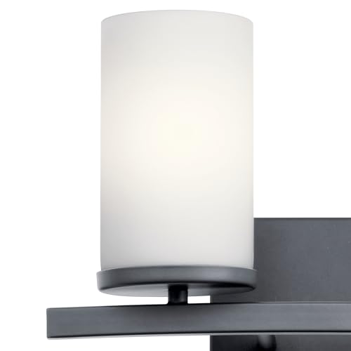 Image of Kichler Crosby 2-Light Bathroom Vanity Light Fixture, Modern Black Wall Mount Lighting with Satin Etched Cased Opal Glass, 15 in x 8.75 in Dimensions, 200W Total, 45496BK