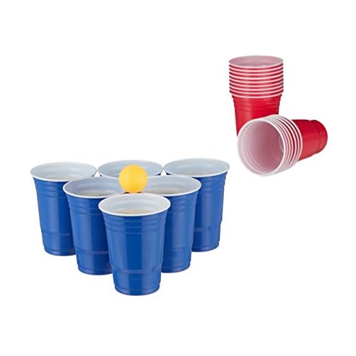 Relaxdays Set Vasos Beerpong, Pack Beer Pong con 6 Bolas, 50 Recipientes Cerveza, Juego Beber, Fiesta, 473 ml, Rojo/Azul, Color (10032656)