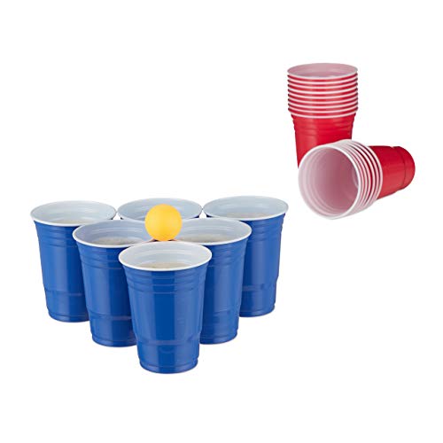 Relaxdays 10032656 Bierpong Becher Set Bier Pong Set mit 6 Bällen 50 Beer Pong Becher Trinkspiel Partybecher 16 oz rot/blau Trinkspiel Beer Pong Spiel - Mehrwegbecher+Bälle
