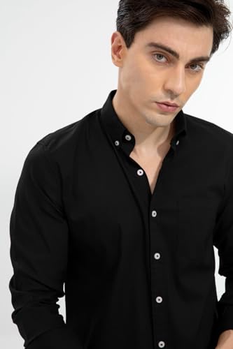 Image of SNITCH Men's Casual Shirt | Slim Fit Full Sleeve Button-Down Collar Solid Pattern | Premium Cotton & Breathable Fabric for College & Everyday Wear | Black