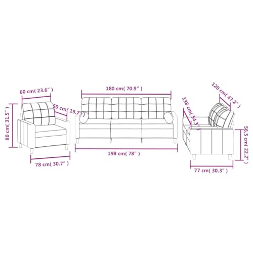 vidaXL Dark Gray 3-Piece Sofa Set Including Single Chair, 2-Seater, 3-Seater with Padded Cushions, Armrests and Back Pillows - Thumbnail 3