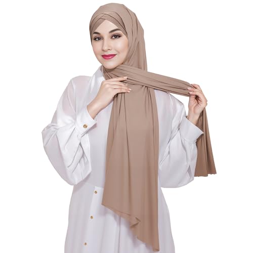 XEPST Instant Hijab for Women, Islamic Muslim Chiffon Hijab with Matching Cross Hijab Undercap Soft Instant Hijab Ready to Wear Solid Color Headscarf Turban Wrap Hijab Scarf for Women, Khaki