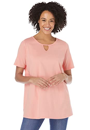 Woman Within Plus Size Perfect Short-Sleeve Keyhole Tee - 30/32, Sweet Coral