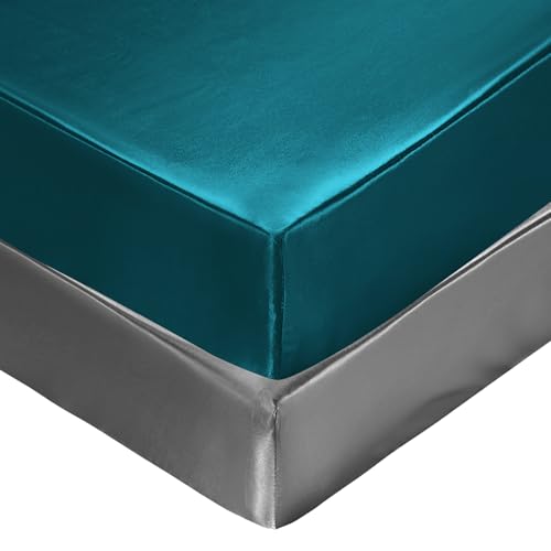 Image of SiinvdaBZX 2 Pcs Satin Crib Sheets for Baby Boys, Silky Soft Fitted Crib Sheets for Standard Crib and Toddler Mattress (Teal & Grey, 52 x 28 x 8In)