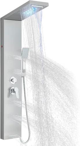 LLFFSSDG Panel de Ducha Columna de Ducha Sistema de Panel de Ducha 5 en 1: Lluvia, Cascada, 4 Chorros Corporales, Ducha de Mano y Boquilla - Acero Inoxidable Brushed Nickel