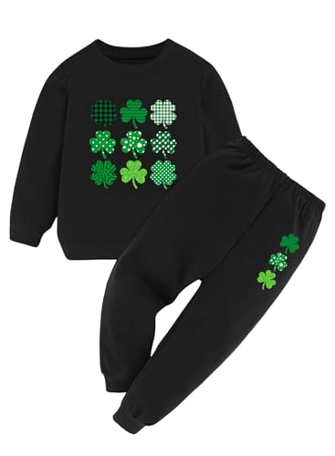 Toddler Girl St Patricks Day Outfit - Kids Irish Clover Shamrock Long Sleeve Sweatshirt Pants Set Sweatsuit Clothes