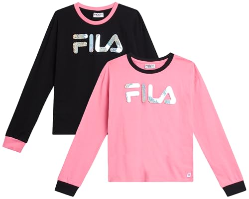 Fila Girls Long Sleeve Shirts - 2 Pack Soft Cotton Jersey Long Sleeve Graphic Tees for Girls - Cute Casual Girl Tops (7-16)