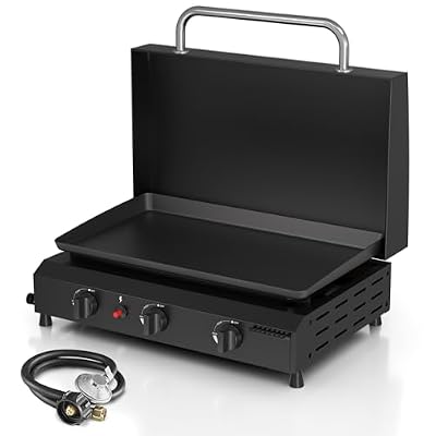 ADREAK 25.6'' Gas Griddle Flat Top Grill with Lid, 3-Burner Tabletop Portable Propane Griddle for Outdoor Cooking, BBQ, Camping & Tailgating Barbecue, 45,000BTU Output