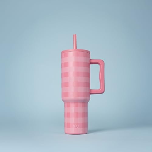 Image of Simple Modern 40 oz Trek Tumbler with Handle and Straw Lid | Cup Holder Friendly Insulated Stainless Steel Travel Mug | Velvet Pink Gingham