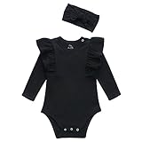 O2 BABY Organic Cotton Baby Girl Ruffle Romper Long Sleeve Bodysuit Jumpsuit with Headband Outfit Set(0-3Months,Black)