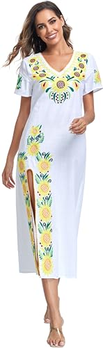 Image of YZXDORWJ Women Mexican Embroidered Dress V Neck Sexy Maxi Short Sleeve Casual Beach Split Dress