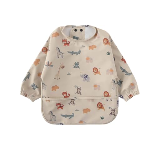 Image of GZMM Waterproof Baby Bibs,Infant Toddler Long Sleeve Feeding Bib With Food Catcher,Easy Clean & Washable