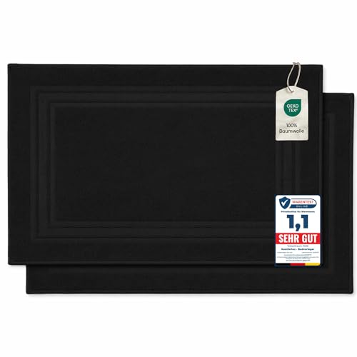 Komfortec Lot de 2 Tapis de Bain, en Tissu éponge, lavables, 600 g/m² et 100% Coton Absorbant et à séchage Rapide, Noir, 50 x 70 cm