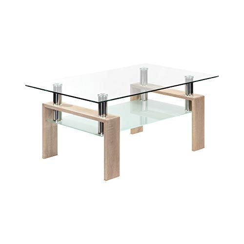 MOG CASA Mesa de Centro Porter Moderna con Tapa de Cristal Transparente y Base de Metal de Roble Sonoma (100x60 cm)