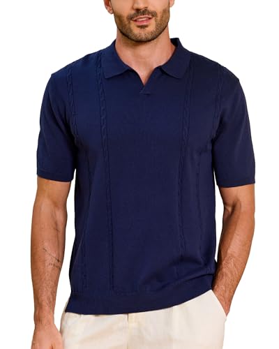 Kallspin Mens Cotton Polo Shirt Short Sleeve V Neck Cable Textured Knit Pullover Top Soft Casual Summer Golf Beach Wear - Main Image