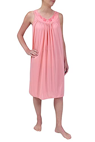 Miss Elaine Nightgown - Women's Short Nylon Tricot Gown, Sleeveless Gown with Petal Embriodery at Round Neck (Small, Coral Ice)
