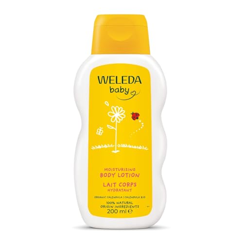 WELEDA Bio Baby Calendula Pflegemilch - Naturkosmetik Bodylotion mit Mandelöl & Bienenwachs zur Pflege & Reinigung von trockener Baby Haut. Milde Hautpflege Lotion für Babys und Kinder (1x 200ml)