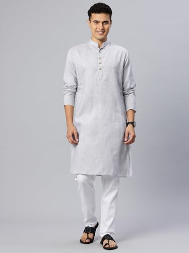 Image of Majestic Man Men's Cotton Regular Fit Traditional Mandarin Collar Ethnic Motifs Solid Long Kurta