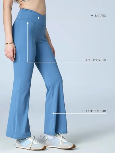 Image of CAVA Petite Hourglass Flared Leggings for Women | V Waistband, Anti Camel Toe Design, Petite Fit, Flared Bottoms, Deep Pockets, Sculpting Stretch Fabric