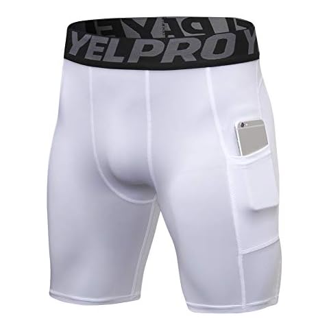 Compression Shorts Mens Gym Running Short Tights Base Layer Breathable Fitness Workout Shorts with Pocket White M Cover