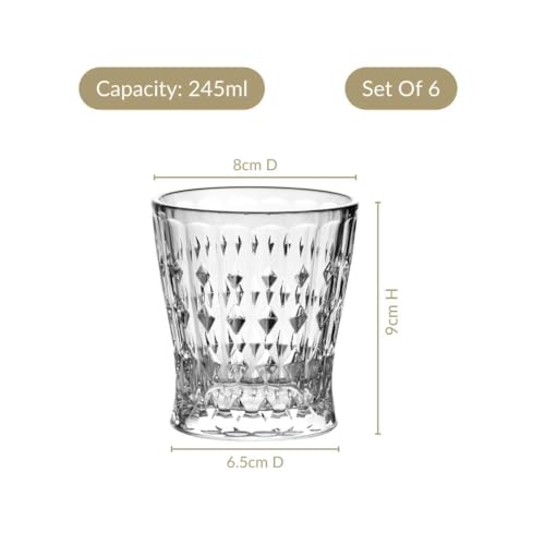 Image of Nestasia Transparent Set of 6 Small Juice Glasses (245 ml Each) - 100% Food Safe & Chip Resistant Diamond Patterned Tapering Tumblers - Ideal for Water, Tea, Coffee & Refreshments